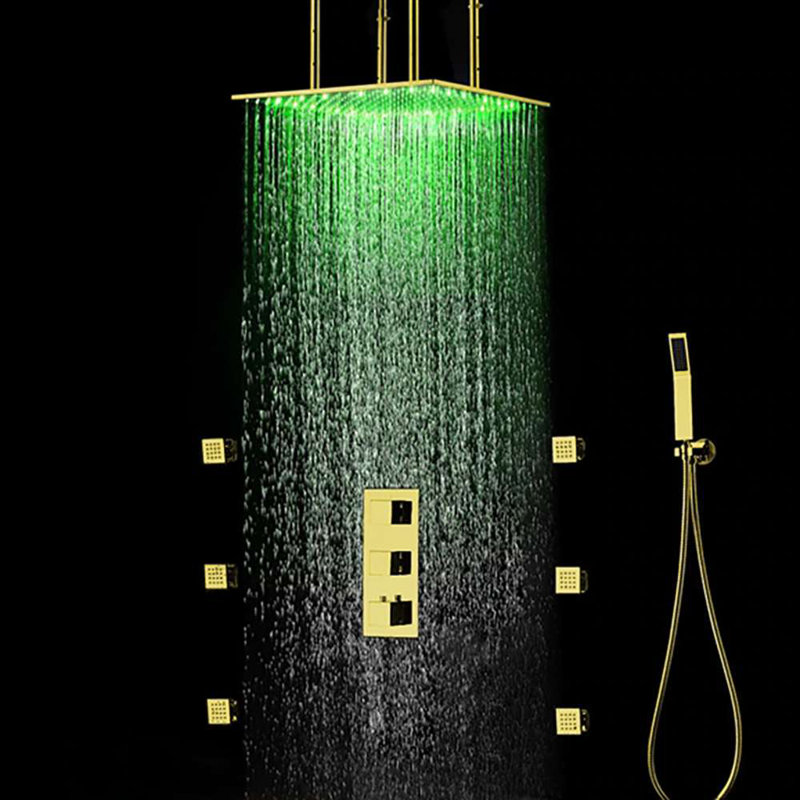 Système de douche à pluie carré multicolore à finition dorée Fontana avec fixation au plafond et jets de corps Fontana