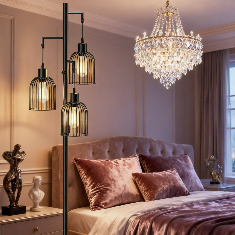 Modern 3-Light Tree Floor Lamp With Stepless Dimmer, Hanging Lampshades And Included Bulbs, Tall Standing Pole Light For Living Room, Bedroom, And Office