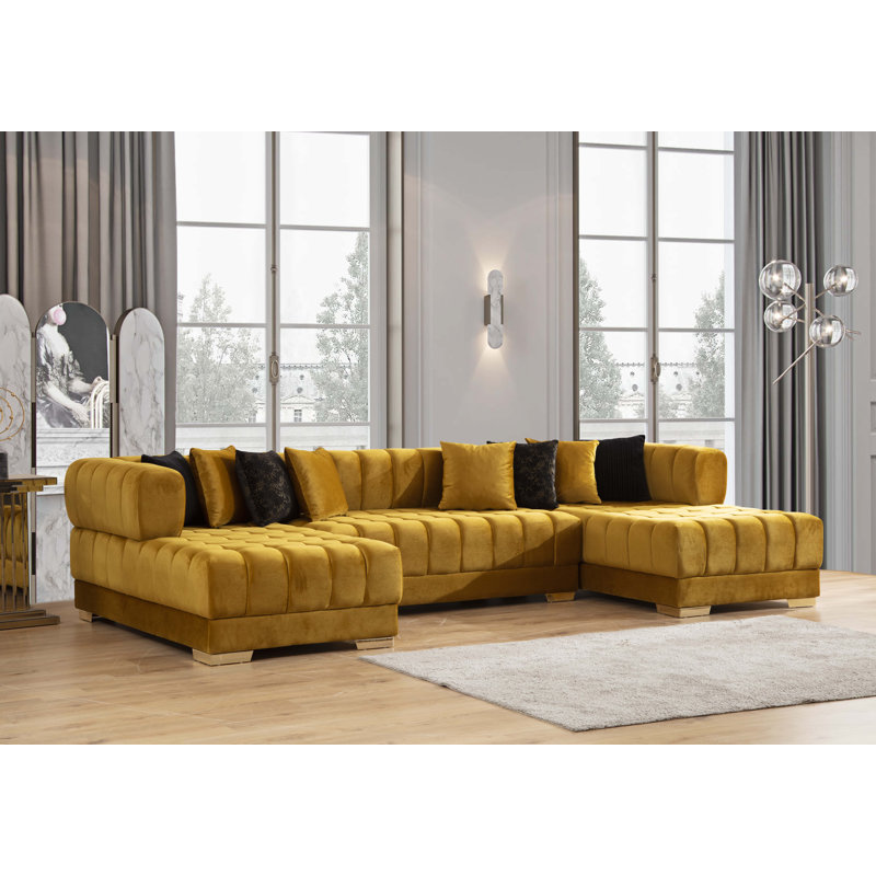 Canapé modulaire double en velours U, Velours moutarde