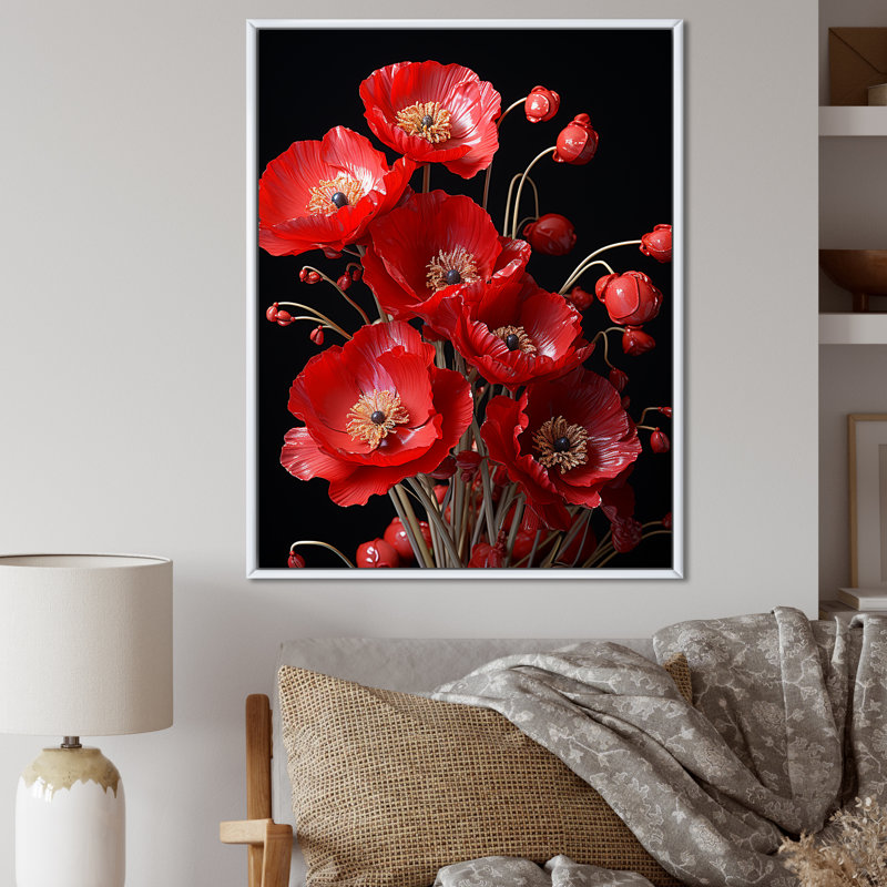 Cascade de Reds Dynamic Poppy Scene I - coquelicots, art mural, Cadre flottant blanc, H 20 po x l 12 po x P 1 po
