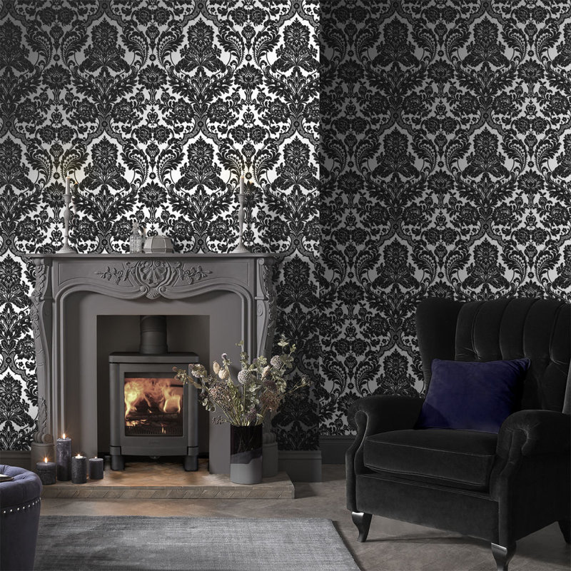 Gothic Damask Metallic Wallpaper Roll, Black/Silver