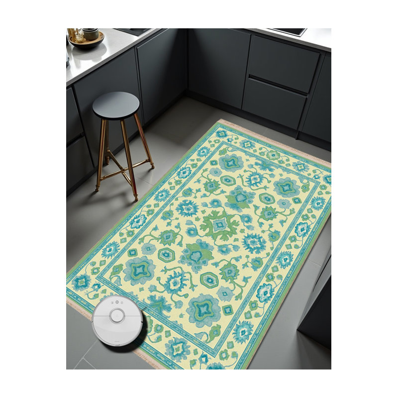 Tapis vert tissé à motif floral lavable Mosso, 2'4" x 3'11"