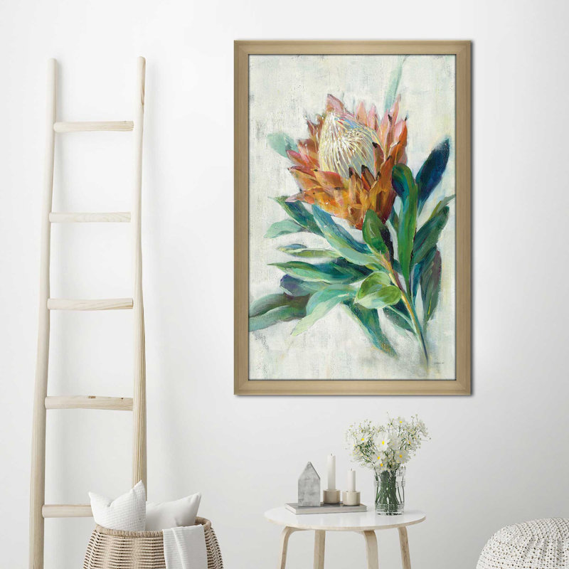 Protea - Peinture, Encadrement champagne, H 39,5 po x l 27,5 po x P 0,75 po