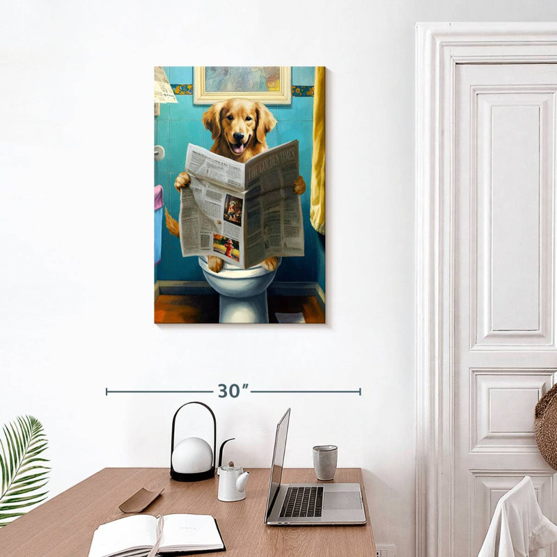 Golden retriever sur une toilette sur toile, H 30 po x l 20 po x P 1,25 po