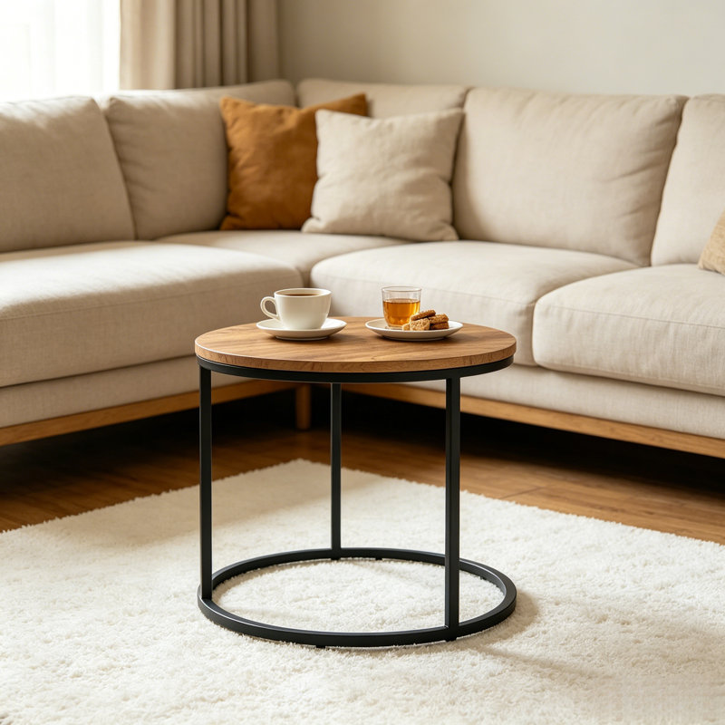 Table d'appoint rustique ronde, table d'appoint industrielle avec plateau en bois et structure en métal, table de bout de chevet compacte pour le salon et la chambre à coucher