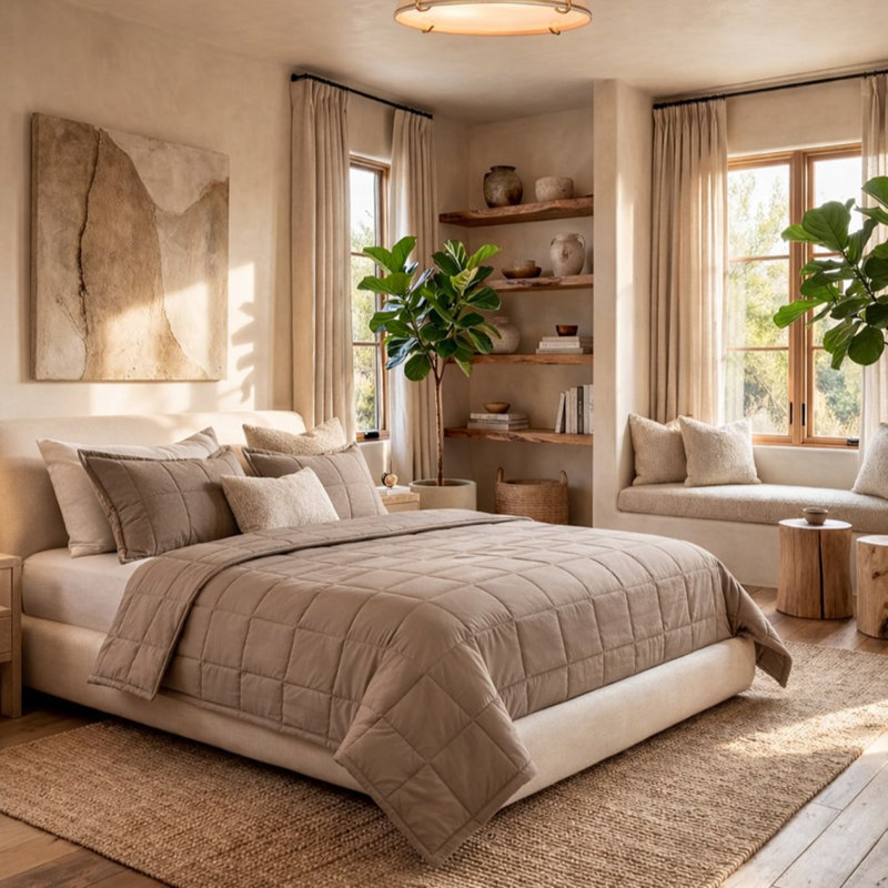 Ensemble de couvre-lit Slub Tencel, Café au lait, Couvre-lit de très grande taille et 2 taies déco