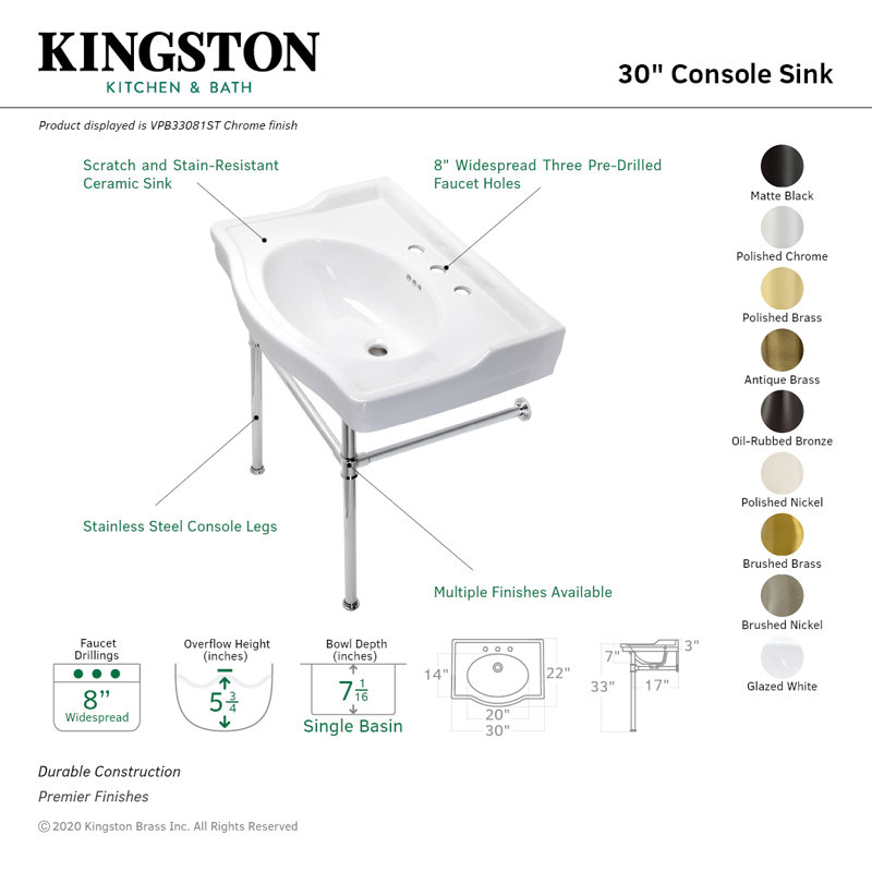 Kingston Brass Victorian 30-Inch Ceramic Console Sink with Stainless Steel Legs (8-Inch, 3-Hole), Brushed Brass