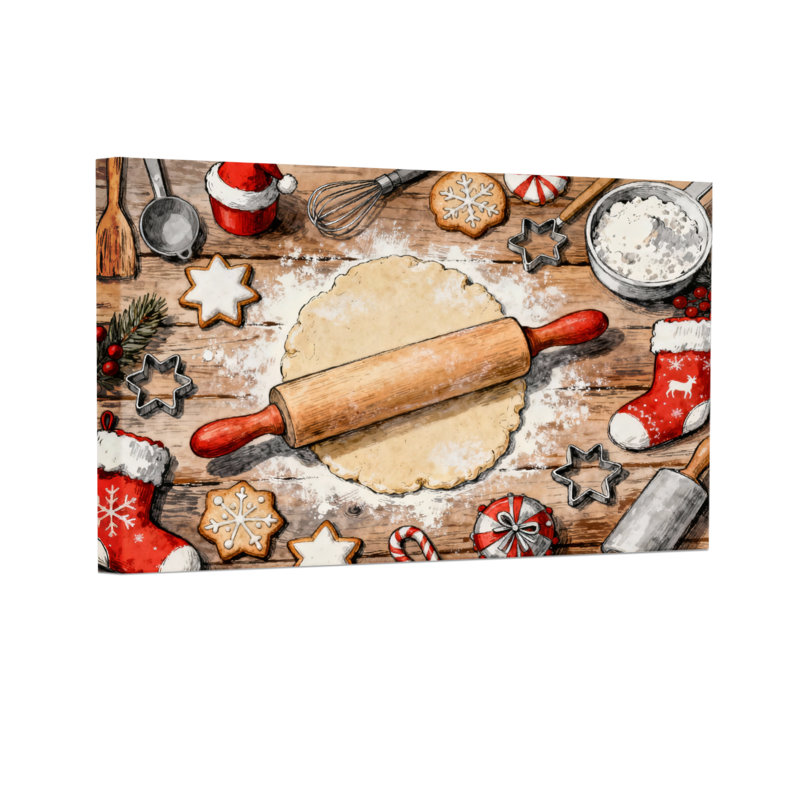 Scène de cuisson de Noël avec rouleau à pâtisserie et biscuits, ensemble de 3 impressions sur toile, H 12 po x l 18 po