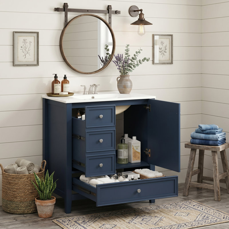 Meuble-lavabo simple autoportant de 30 po avec plateau en céramique et rangement de tiroir personnalisable, Blue
