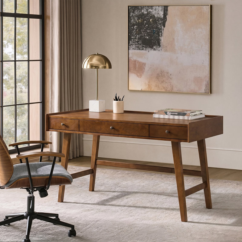 Adakras 60"W Mid-century Modern Writing Solid Wood Desk with Built-in Outlets and Compartmentalized Drawer and Cable Management