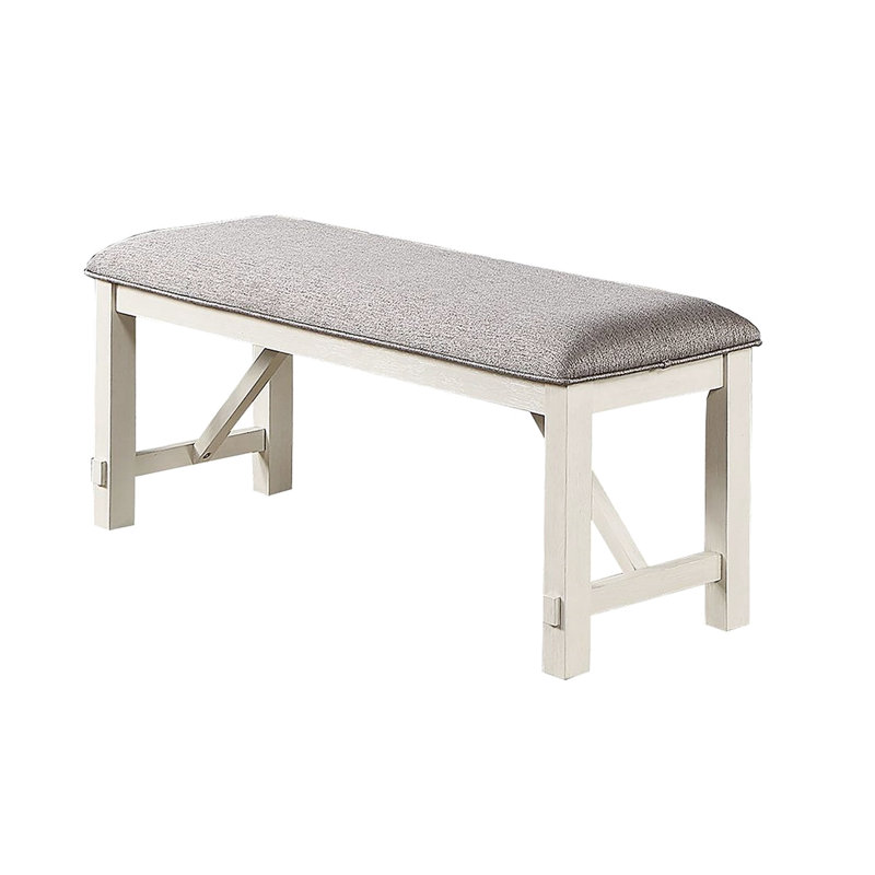 Banc de style moderne pour salle à manger avec tissu gris et cadre blanc, lignes de revêtement
