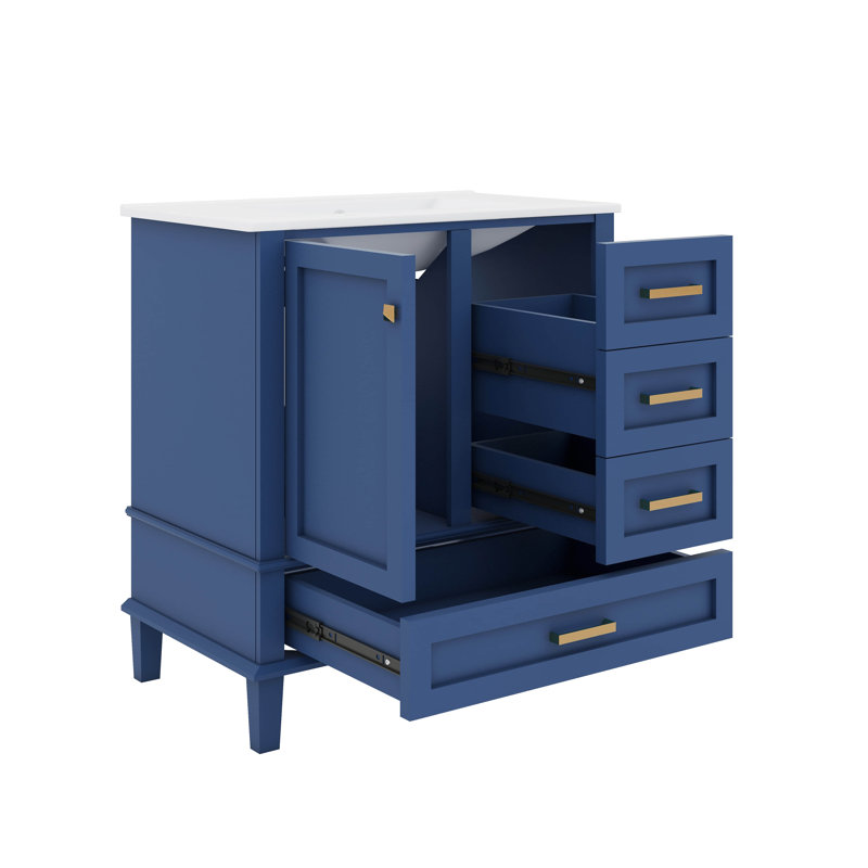Ensemble de meuble-lavabo moderne 30 po avec 3 tiroirs à fermeture silencieuse et plateau amovible, Bleu, Doré