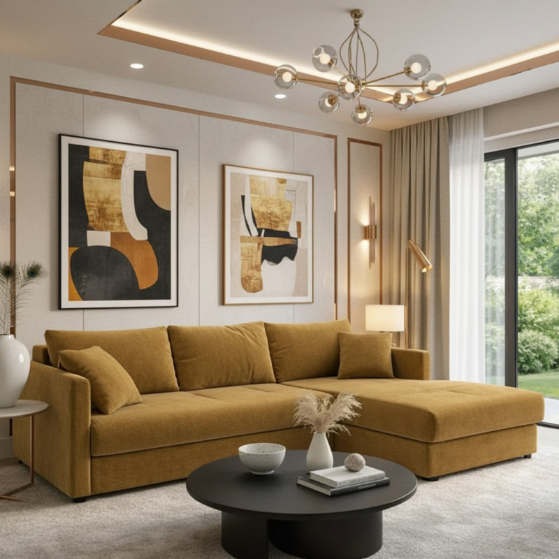  Orea Corner Sofa Bed with Large Sleeping Function and Double Storage Container 227x150cm Elegant Living Room, Right, Mustard