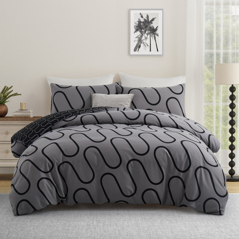 Microfiber Printed Duvet Cover - Soft, Lightweight, Fade-Resistant Bedding with Matching Pillowcases, Black/Grey