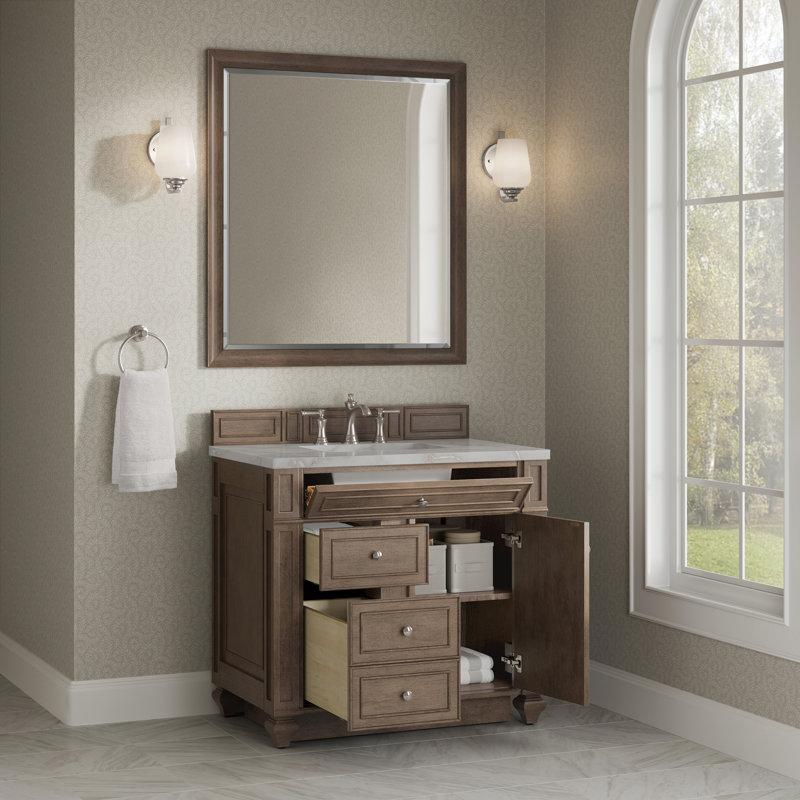 Meuble-lavabo simple 36 po Calisto, Noyer blanchi, Quartz victorien argenté, 8 po