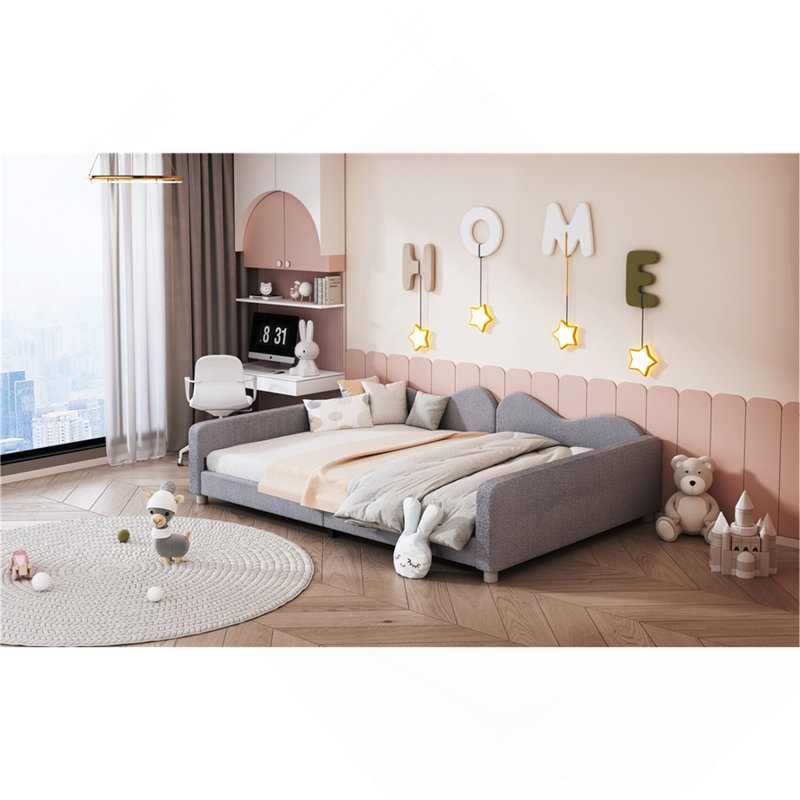 Full Size Upholstered Daybed, Sherpa Fabric Sofabed With Cloud-Shaped Backrest, Gray, Full / Double