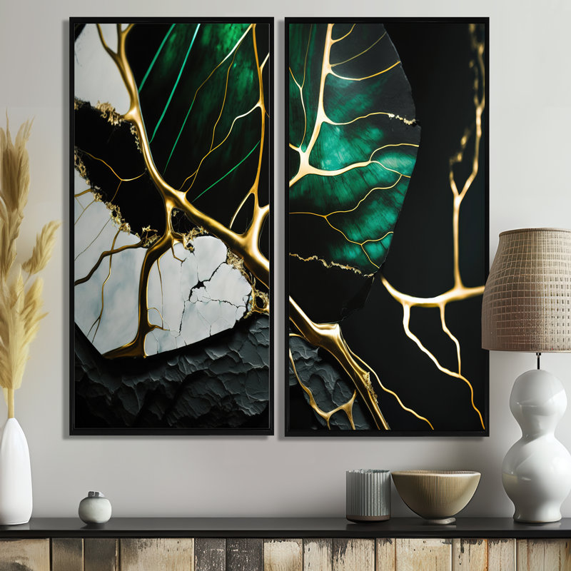Géode abstraite dorée II - art mural moderne 2 pièces, H 40 po x l 40 po, Impression encadrée flottante, Noir