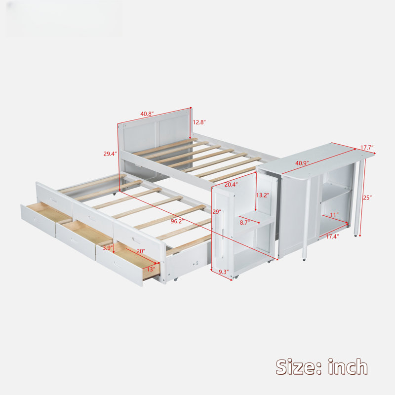 Matheny With Desk And Storage Shelves, Built-in Trundle And 3 Drawers, White