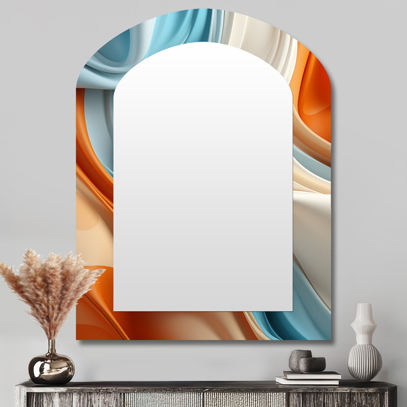 Blue and orange Fractal Curves in Motion III - Fractal Arch Mirror, Blue Asymmetrical Decorative Wall Mirror, Printed Metal Art