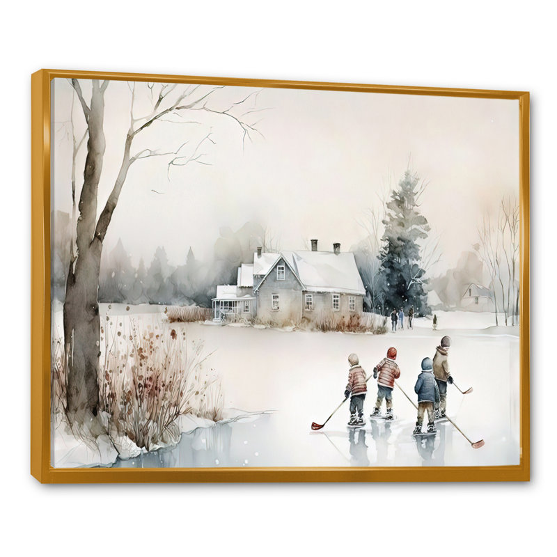 Enfants jouant au hockey en hiver II, H 16 po x l 32 po x P 1 po, Cadre flottant doré