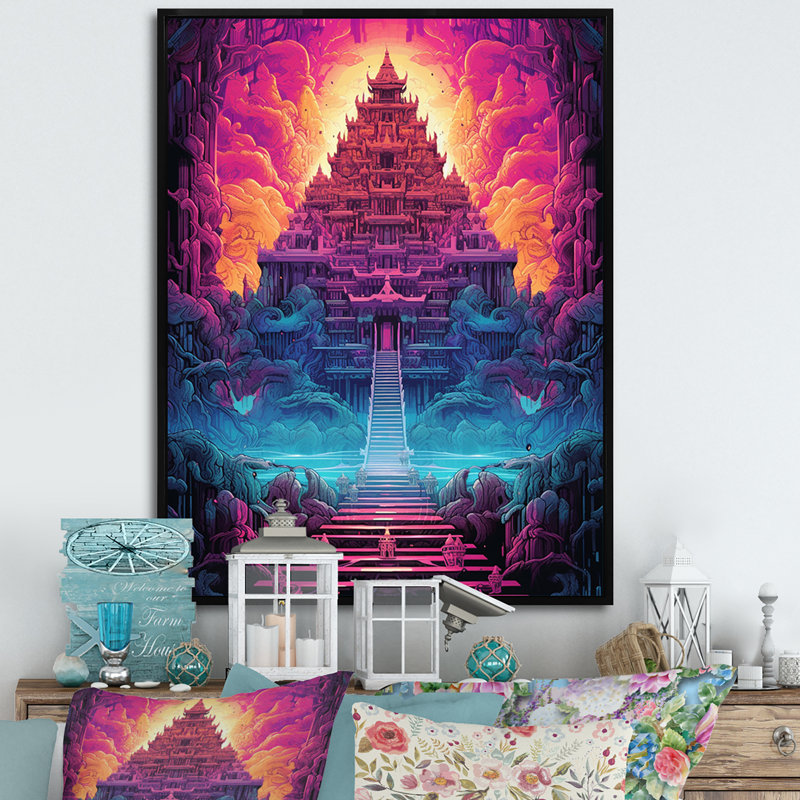 Temple bouddhiste thaïlandais, paysage de rêve spirituel sur toile, Cadre flottant noir, H 40 po x l 30 po x P 1,5 po