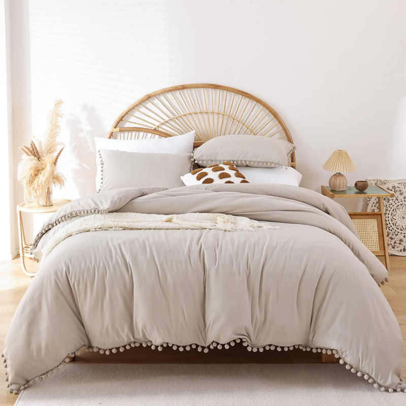 3 Pieces Ball Pom Fringe All Season Comforter Set, Soft OEKO-TEX Microfiber Boho Bedding for Bedroom Decor, Oatmeal