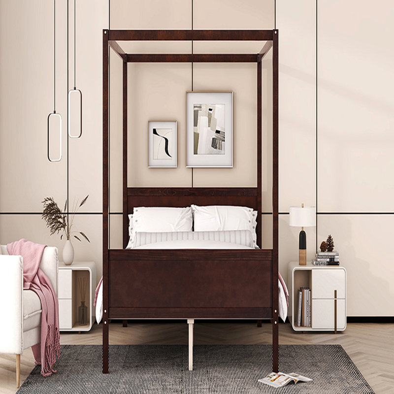 Lit plateforme à baldaquin grand avec tête et pied de lit, pieds de support à lattes - Espresso