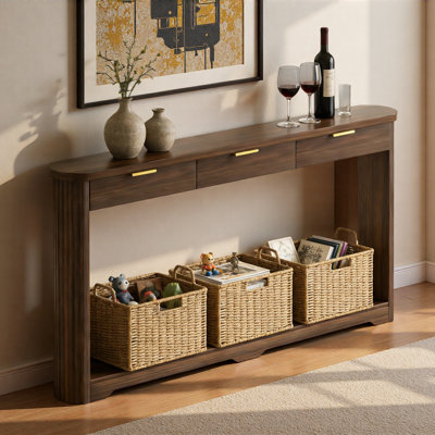 70.1" Wavy-patterned Storage Table With Drawers; A Slim Wooden Side Table That Can Be Placed Behind A Sofa, Ideal For Entryways, Hallways, And Doorways