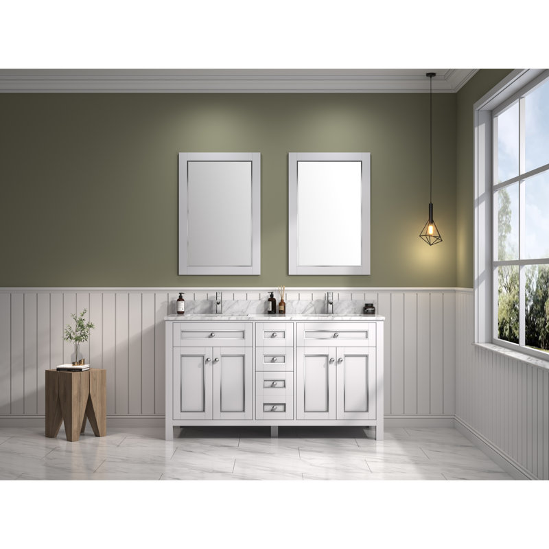 60'' Double Bathroom Vanity with Marble Top, White