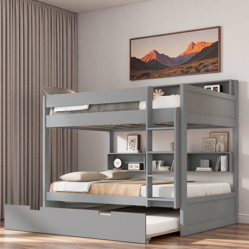 Lit superposé avec lit gigogne et rangement intégré, Simple sur simple, Gris
