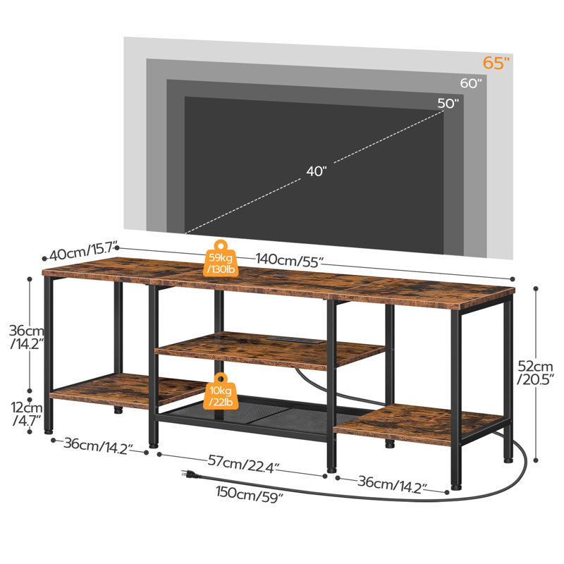 TV Stand With Power Outlets To 55 Inches, TV Console Table With Open Storage Shelves,Rustic Brown + Black