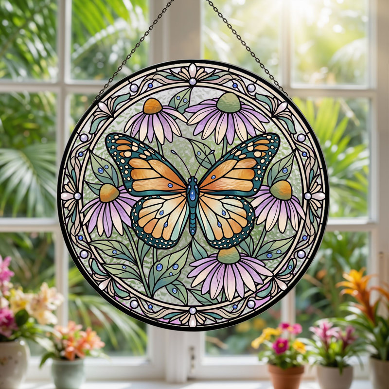 Panneau de vitrail floral papillon H 12 po, H 12 po