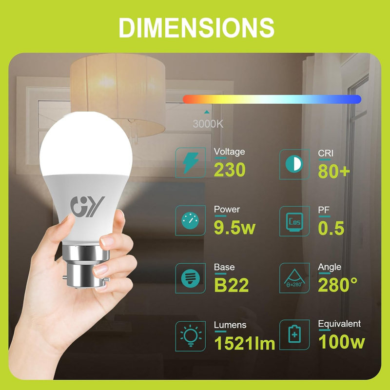 GY Bayonet Light Bulbs Warm White 3000K B22 LED Bulbs,9.3W 1521 Lumen Ultra Bright Energy Saving 100W Equivalent,Non-dimmable,2-Pack