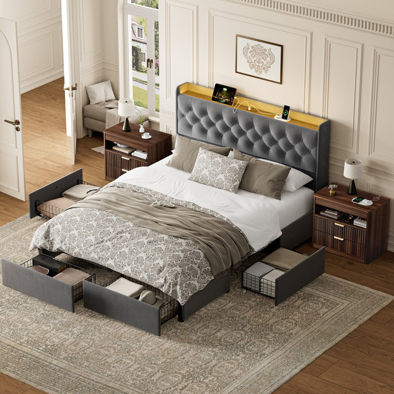 Ensemble de chambre à coucher 3 pièces, lit tapissier à 4 tiroirs, ensemble de 2 grandes tables de chevet multifonctionnelles