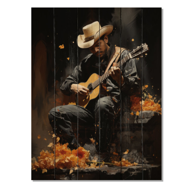 Art mexicain orange et noir, impression de mariachis sur bois, H 40 po x l 30 po x P 0,78 po
