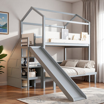 House-shaped Bunk Bed With Storage Staircase, Display Shelves And Slide