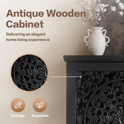 Armoire de rangement rustique de 55 po de hauteur avec tiroir, armoire décorative en bois sculpté à 2 portes avec pieds en bois massif pour le salon, le couloir et la salle à manger