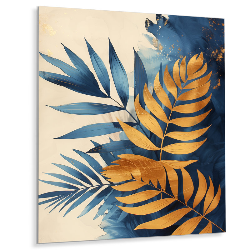 Or et feuilles de palmier bleues dans la jungle I - Plantes, décoration murale, Toile encadrée noire simple
