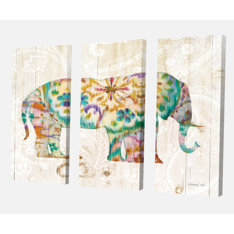 «Boho Paisley Elephant I», ensemble de 3 impressions sur toile tendue, H 32 po x l 48 po x P 1 po
