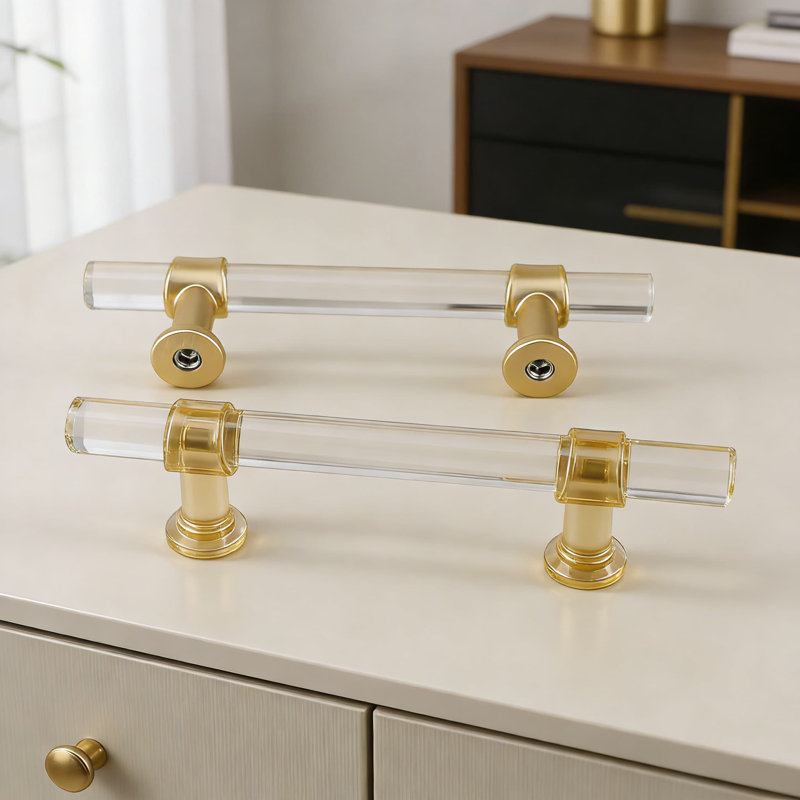 Paquet de 10 poignées d'armoire en acrylique avec finition dorée, espacement des trous de centre à centre de 3 pouces pour les tiroirs, les commodes et les armoires de cuisine