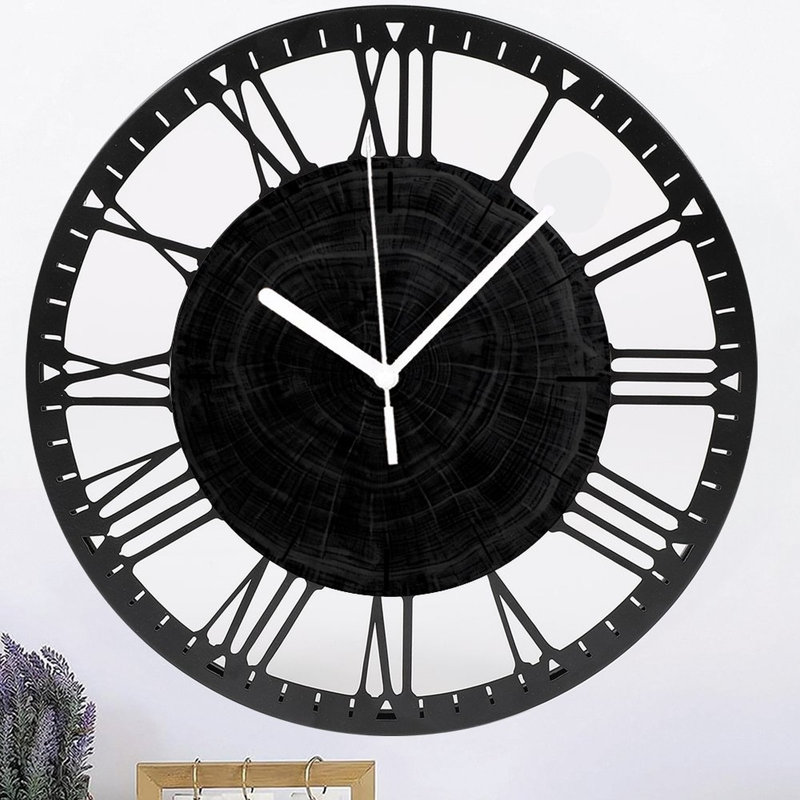 Horloge murale ronde en fer 10 po avec mouvement à quartz silencieux, chiffres romains, impression UV, Black Tone