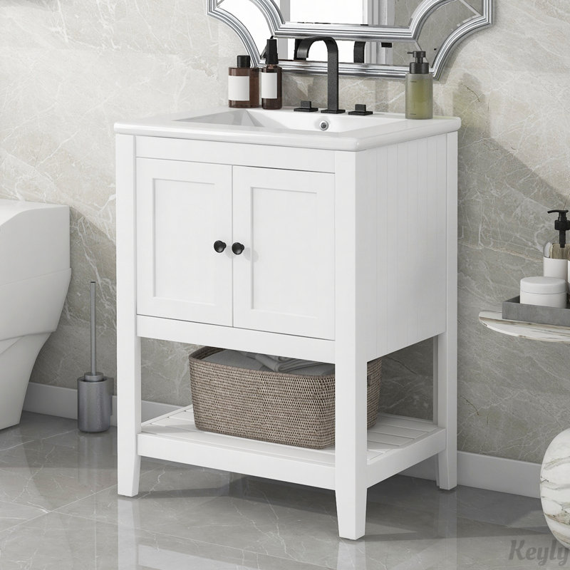 24" Modern Sleek Bathroom Vanity Elegant Ceramic Sink, White
