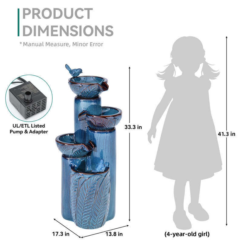 33" Ceramic Outdoor Water Fountain with LED Lights, Cascading Waterfall & 4-Tier Embossed Leaf Pattern Bowl with Bird Accents in Teal Blue Glaze for Garden Patio Porch Tranquility