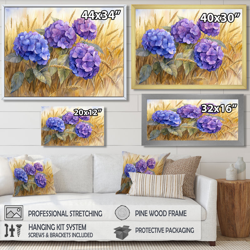 Hydrangeas In The Rye Field - Hydrangea Large Wall Art, Floater Frame Print, 30" H x 40 W, Gold