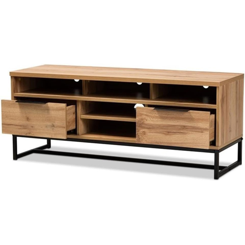  Modern Industrial Oak Wood And Black Metal 2 Drawer Tv Stand