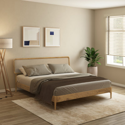 Lit plateforme en bois massif NTC Lupin avec tête de lit et lattes silencieuses, style Mid-Century moderne, capacité de poids de 1000 lb, assemblage sans effort, aspect très grand teck