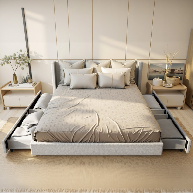 Platform Drawer Storage Bed with Wingback Headboard, Queen