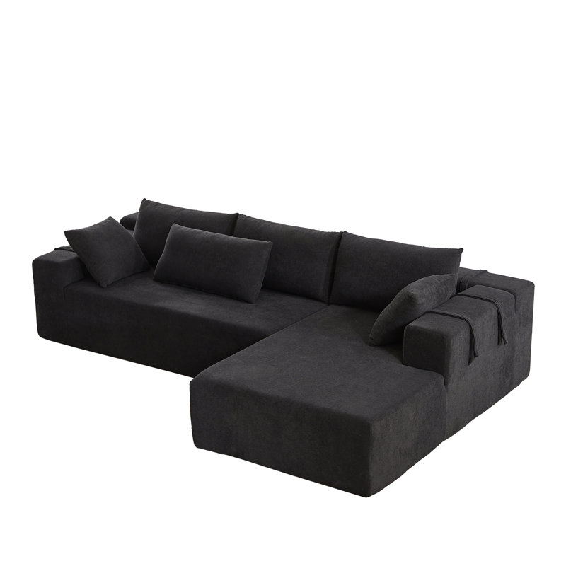 Modern Upholstered Sectional Sofa With 6 Pillows, No assembly required, Left Hand Facing, Black Chenille