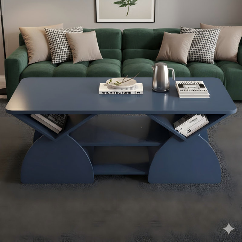 Engineered Wood Rectangular Coffee Table With Rounded Corners For The Living Room. An Easy-To-Assemble Storage Table With Open Shelves And A Sturdy Frame For Reception Rooms, Featuring A Modern Geometric Design In Blue.