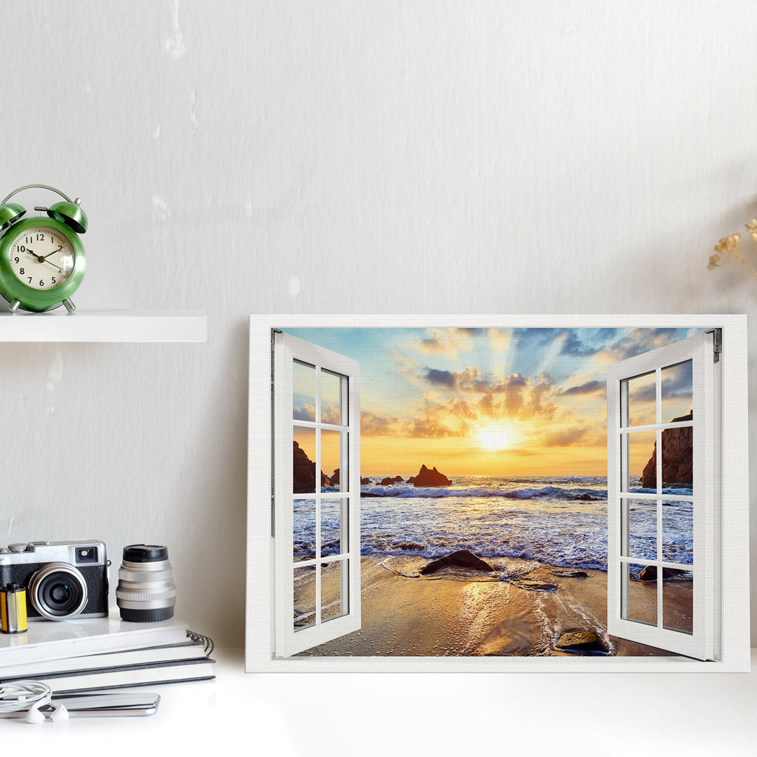 Leinwandbild Sunset Over Rocky Beach Window Xcm – Premium Leinwanddruck – Kunstdruck Auf Cm Holz-Keilrahmen Für Schlaf- ...